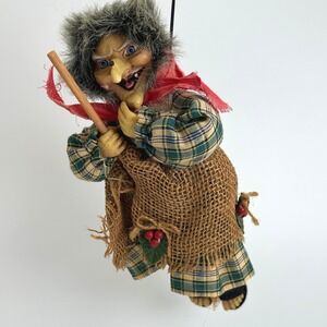 Vintage Kitchen Witch Doll Flying Hanging Multi Plaid Burlap Good Luck Charm